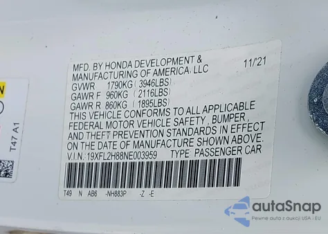 2022 Honda Civic Sport z USA, uszkodzony, nr VIN 19XFL2H88NE003959